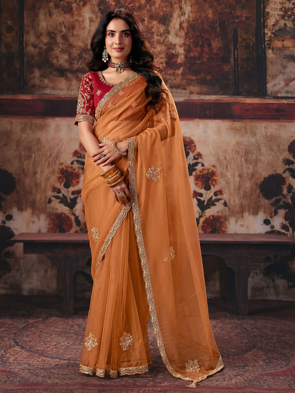 Rust Orange Pure Organza Designer Saree featuring a contrast maroon blouse for wedding & festive wear | BharatPlaza 