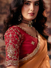 Rust Orange Pure Organza Designer Saree highlighting rich cutdana blouse work for wedding & festive wear | BharatPlaza