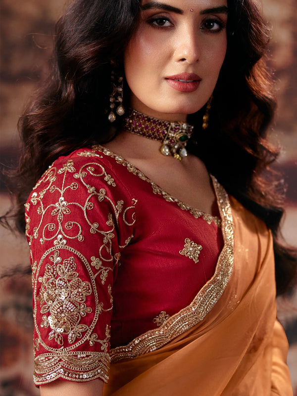 Rust Orange Pure Organza Designer Saree highlighting rich cutdana blouse work for wedding & festive wear | BharatPlaza