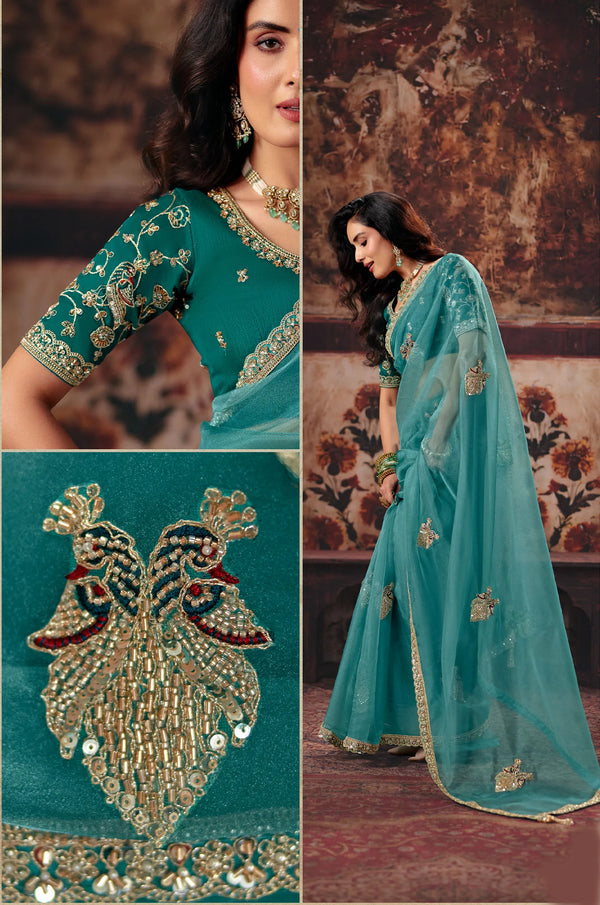 Teal Blue Pure Organza Designer Saree highlighting exquisite heavy blouse embroidery for wedding wear | BharatPlaza