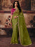 Olive Green Premium Organza Designer Saree featuring a contrast pink blouse for wedding & festive wear | BharatPlaza