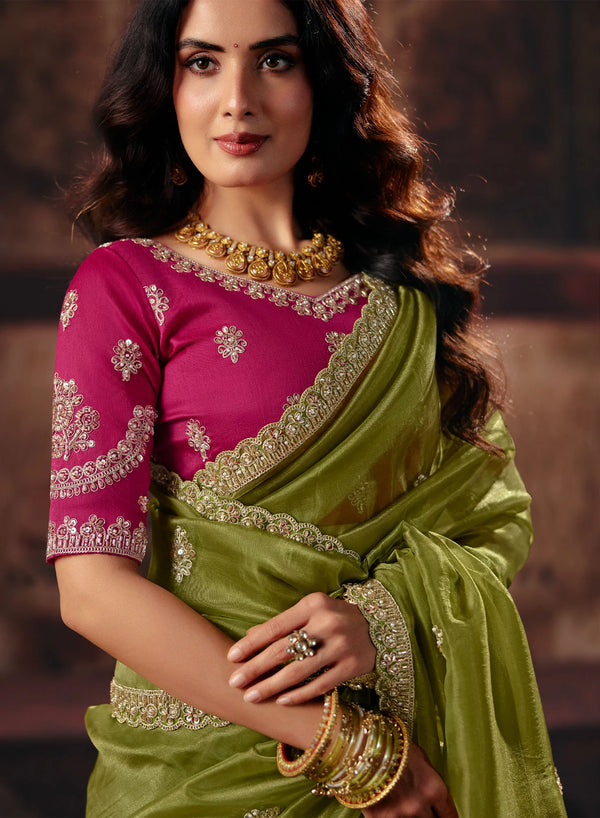 Olive Green Premium Organza Designer Saree highlighting heavy zari and moti blouse work for wedding wear | BharatPlaza