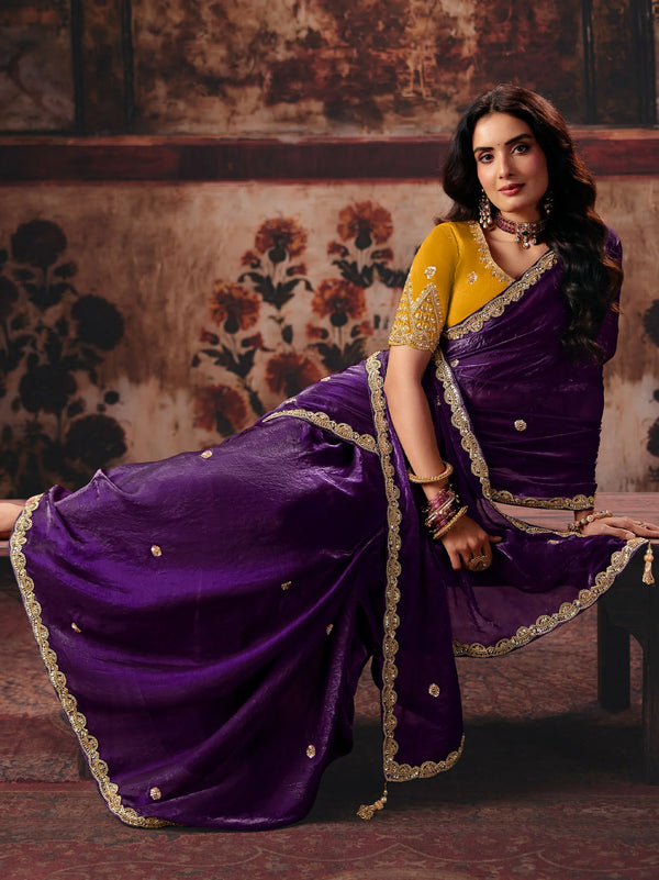 Royal Purple Fendy Satin Designer Saree featuring a contrast mustard silk blouse for wedding & festive wear | BharatPlaza