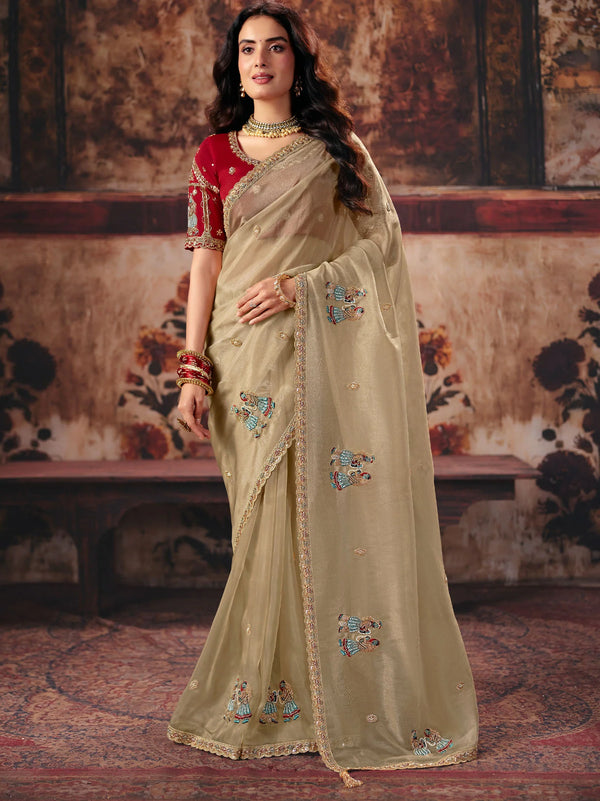 Beige Golden Pure Organza Designer Saree featuring a contrast red satin blouse for wedding & festive wear | BharatPlaza
