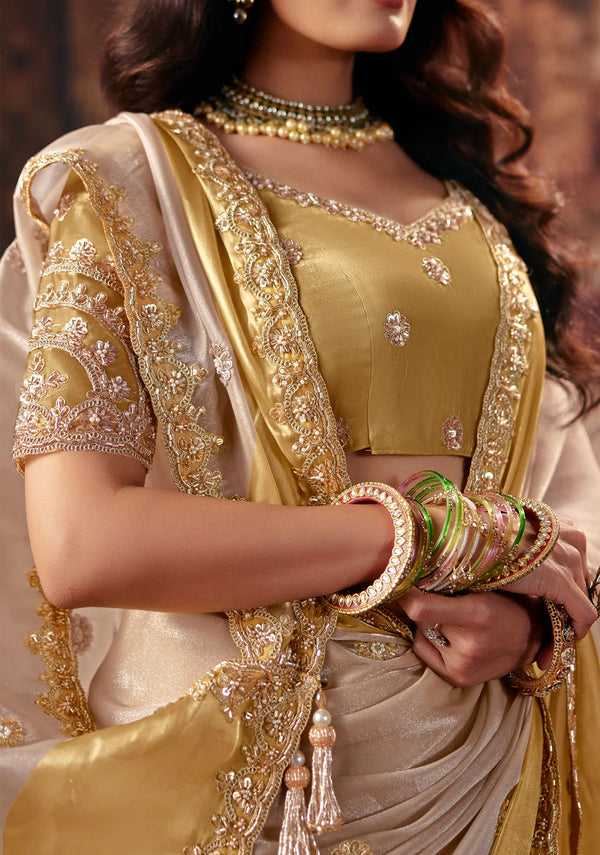 Beige Golden Satin Patta Saree – Designer Wedding Wear