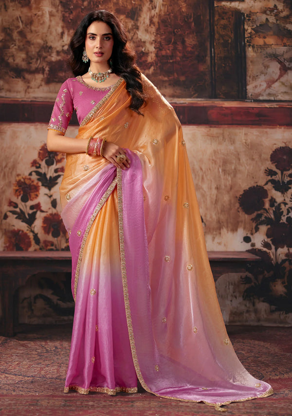 Peach Pink Shaded Fendy Satin Designer Saree featuring elegant double color tones for festive wear | BharatPlaza