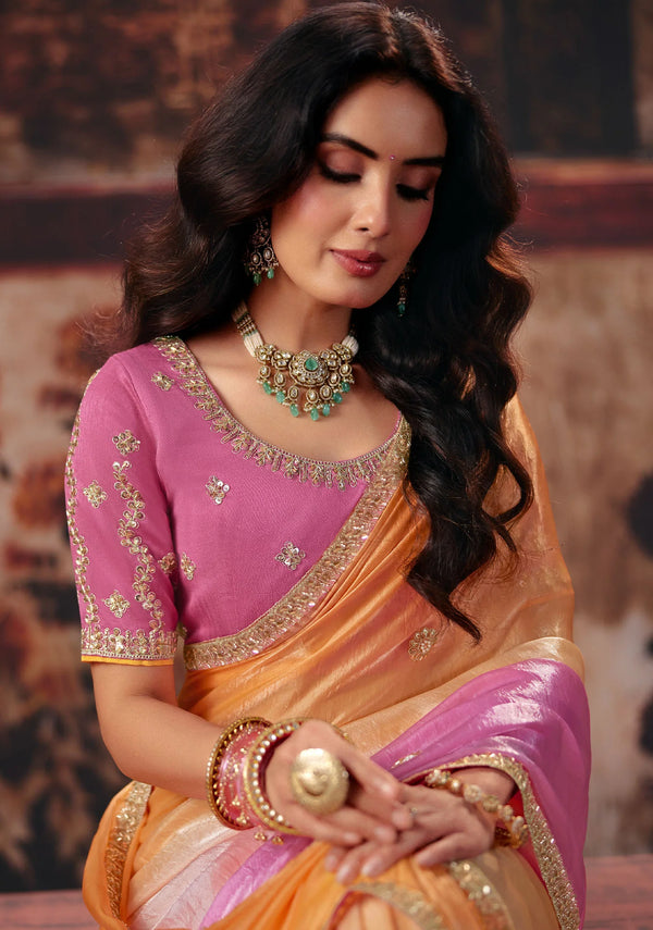 Peach Pink Shaded Fendy Satin Designer Saree highlighting intricate heavy blouse embroidery for wedding | BharatPlaza