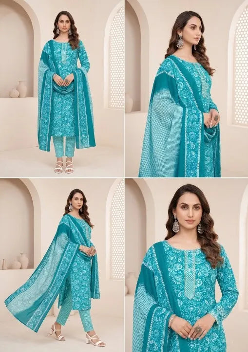Teal Blue Cotton Printed Salwar Suit - Summer Wear Set