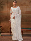 Ivory White Premium Net Designer Saree showcasing exquisite zarkan and zircon stone work for wedding wear | BharatPlaza