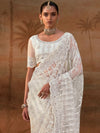 Ivory White Premium Net Designer Saree featuring a matching heavy embroidered blouse for luxury wedding wear | BharatPlaza