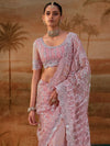 Blush Pink Premium Net Designer Saree featuring a matching heavy embroidered blouse for luxury wedding wear | BharatPlaza