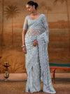Silver Grey Premium Net Designer Saree showcasing exquisite zarkan and zircon stone work for wedding wear | BharatPlaza