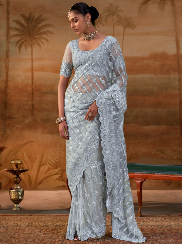Silver Grey Premium Net Designer Saree showcasing exquisite zarkan and zircon stone work for wedding wear | BharatPlaza