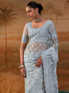 Silver Grey Premium Net Designer Saree featuring a matching heavy embroidered blouse for luxury wedding wear | BharatPlaza