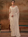 Champagne Beige Premium Net Designer Saree showcasing exquisite zarkan and zircon stone work for wedding wear | BharatPlaza