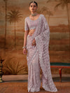 Lilac Purple Premium Net Designer Saree showcasing exquisite zarkan and zircon stone work for wedding wear | BharatPlaza