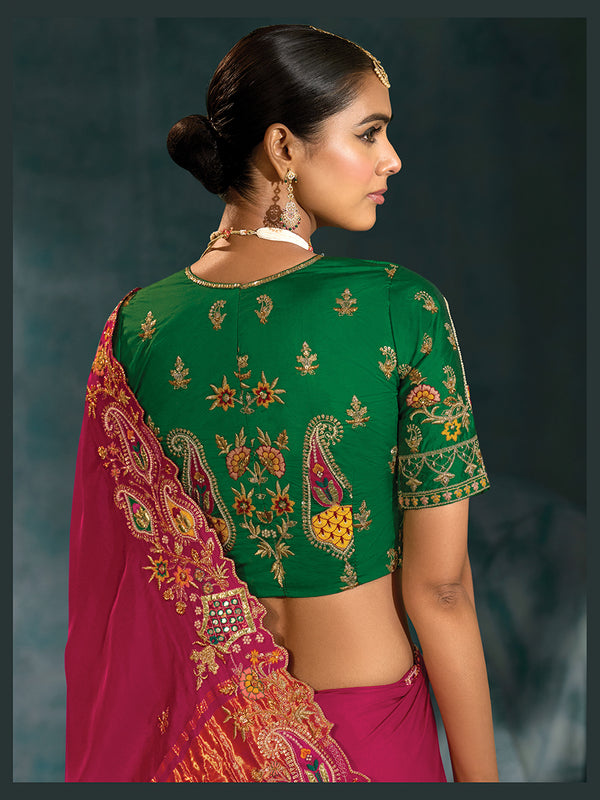 Back design of heavy embroidered green silk blouse with rani pink saree pallu in Sydney