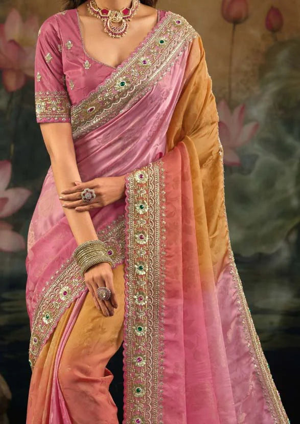 Premium Pink Peach Embroidered Saree for Udaipur Weddings
