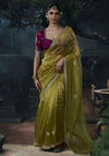 Olive Green Tissue Silk Organza Designer Saree featuring a beautiful scallop border for luxury weddings | BharatPlaza