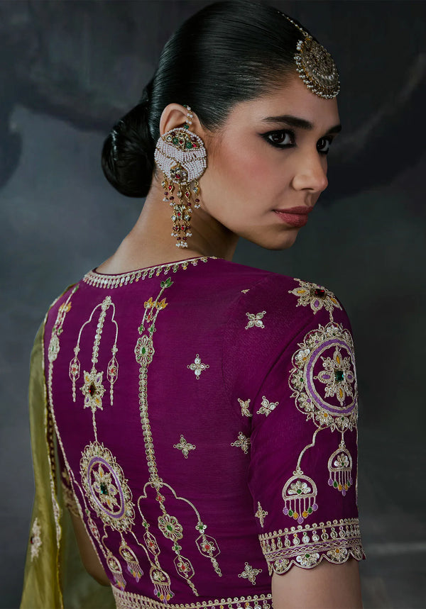 Olive Green Tissue Silk Organza Designer Saree displaying intricate back blouse embroidery for luxury events | BharatPlaza