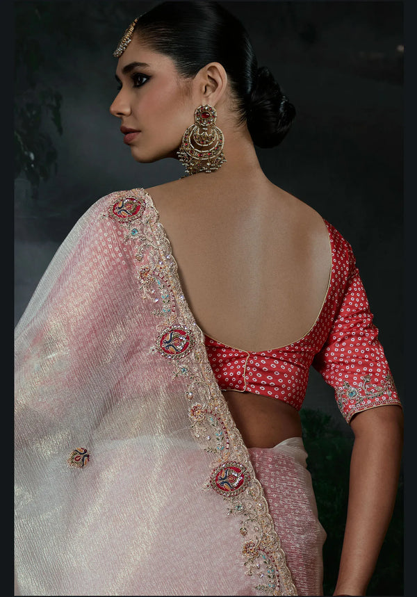 Off-White Tissue Silk Organza Designer Saree featuring a beautiful scallop border and red blouse for festive wear | BharatPlaza