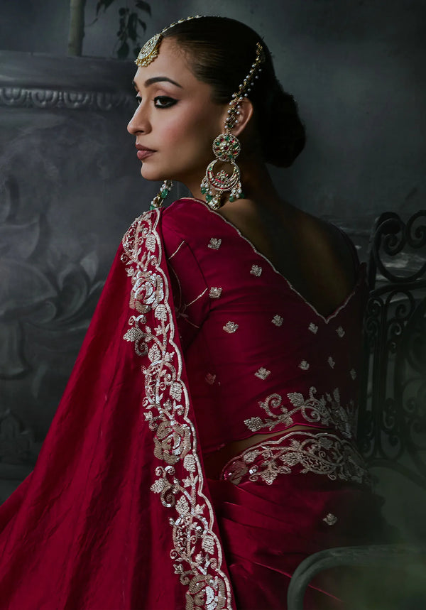 Maroon Tissue Silk Organza Designer Saree showcasing stunning back blouse embroidery for luxury events | BharatPlaza