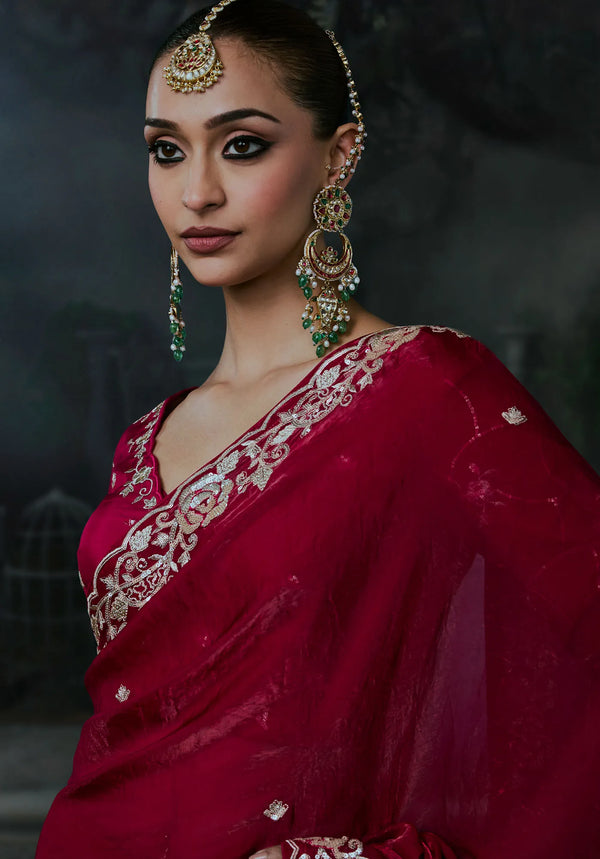 Maroon Tissue Silk Organza Designer Saree featuring a beautiful fancy border for luxury wedding wear | BharatPlaza