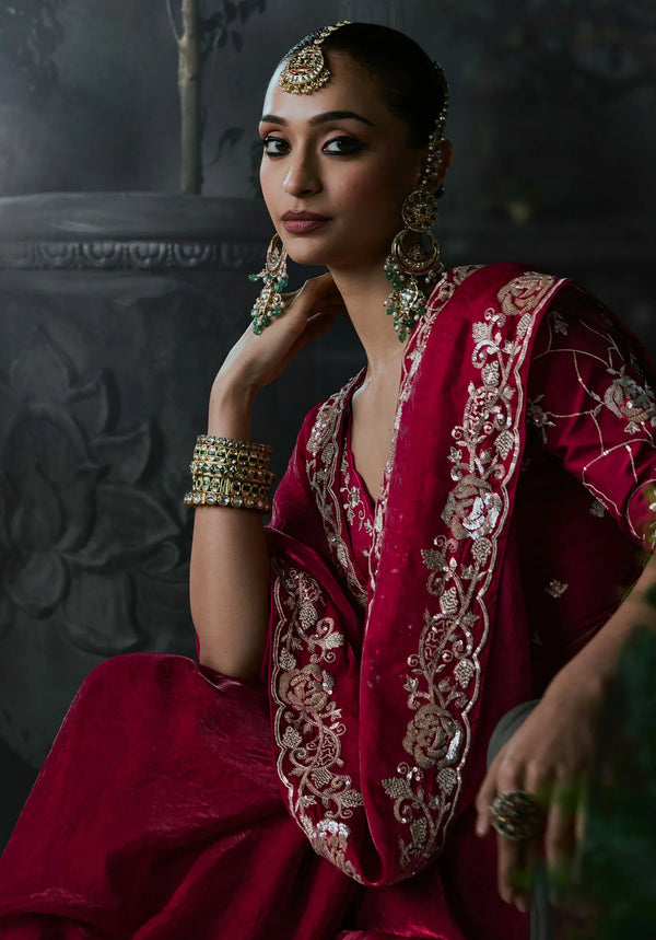 Maroon Tissue Silk Organza Designer Saree highlighting exquisite front blouse embroidery for HNI brides | BharatPlaza
