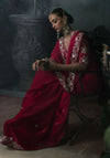 Maroon Tissue Silk Organza Designer Saree displaying intricate sequence and stone work border for parties | BharatPlaza