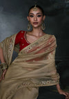 Golden Beige Tissue Silk Organza Saree displaying a contrasting red embroidered blouse for grand events | BharatPlaza