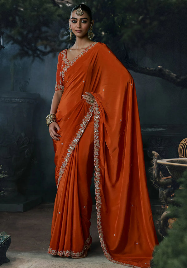 Rust Orange Tissue Silk Organza Designer Saree showcasing a stunning scallop border for luxury wedding wear | BharatPlaza