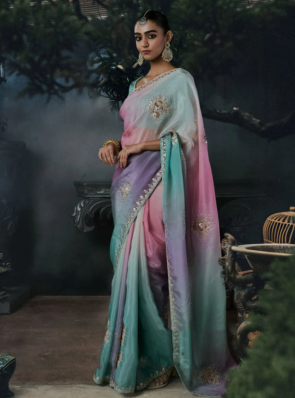 Pastel Ombre Tissue Silk Organza Designer Saree featuring an elegant teal blouse perfect for HNI festive wear | BharatPlaza