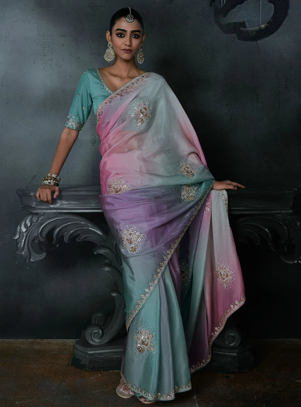 Pastel Ombre Tissue Silk Organza Designer Saree displaying intricate sequence and stone work for luxury parties | BharatPlaza