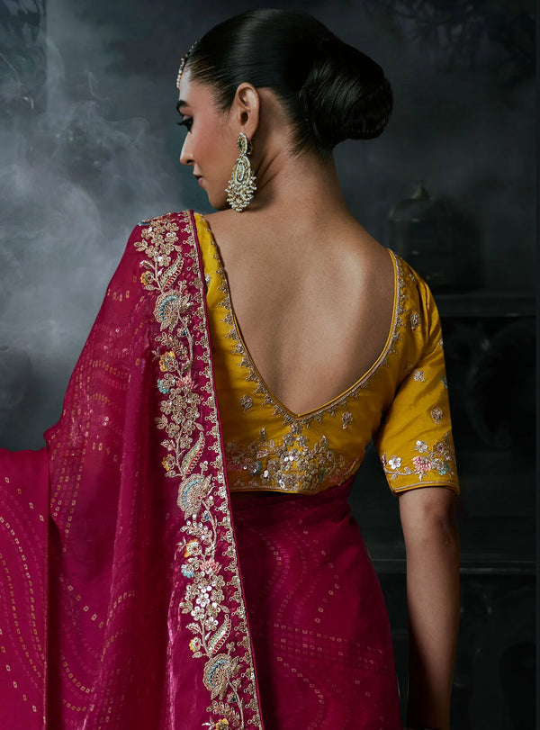 Rani Pink Tissue Silk Organza Designer Saree highlighting exquisite back neck yellow blouse embroidery details | BharatPlaza