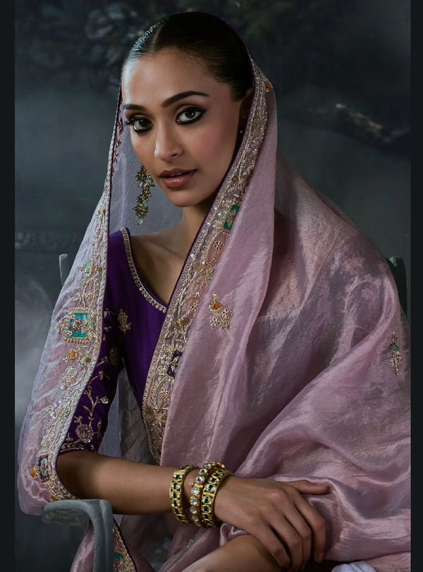 Lavender Tissue Silk Organza Designer Saree featuring a beautiful head drape look for HNI bridal wear | BharatPlaza