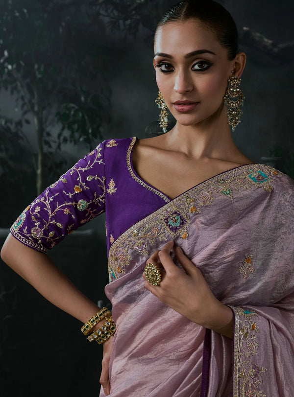 Lavender Tissue Silk Organza Designer Saree highlighting exquisite purple blouse embroidery for parties | BharatPlaza