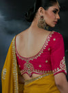 Mustard Tissue Silk Organza Designer Saree showcasing stunning back neck pink blouse embroidery for brides | BharatPlaza
