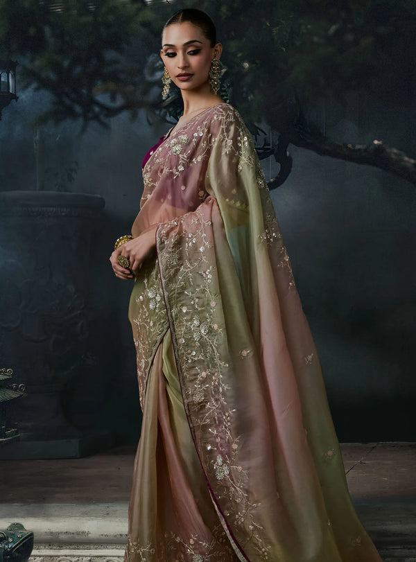Mauve Olive Ombre Tissue Silk Designer Saree highlighting intricate sequence and stone work on the pallu | BharatPlaza