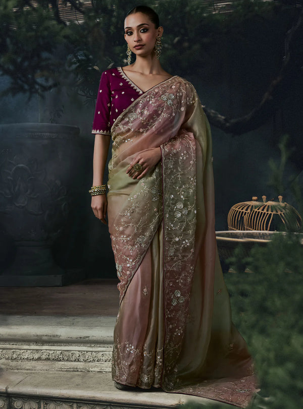 Mauve Olive Ombre Tissue Silk Designer Saree displaying an elegant drape perfect for luxury HNI weddings | BharatPlaza
