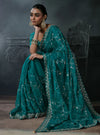 Teal Green Tissue Silk Organza Designer Saree featuring elegant all-over embroidery for luxury weddings | BharatPlaza