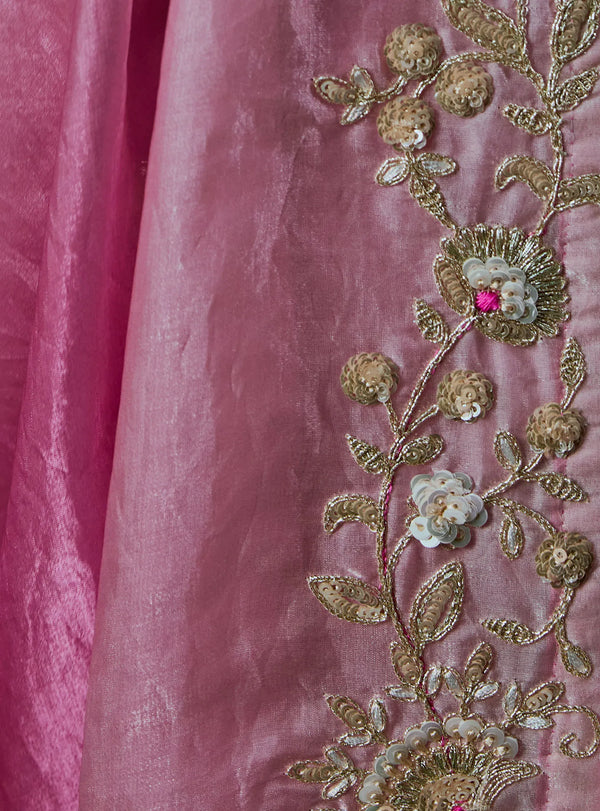Pink Ombre Tissue Silk Organza Designer Saree featuring intricate sequence and thread work on the border | BharatPlaza