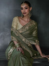 Mehendi Green Tissue Silk Organza Designer Saree displaying intricate sequence borders for grand parties | BharatPlaza