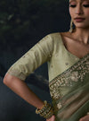 Mehendi Green Tissue Silk Organza Designer Saree highlighting exquisite sleeve embroidery for luxury brides | BharatPlaza