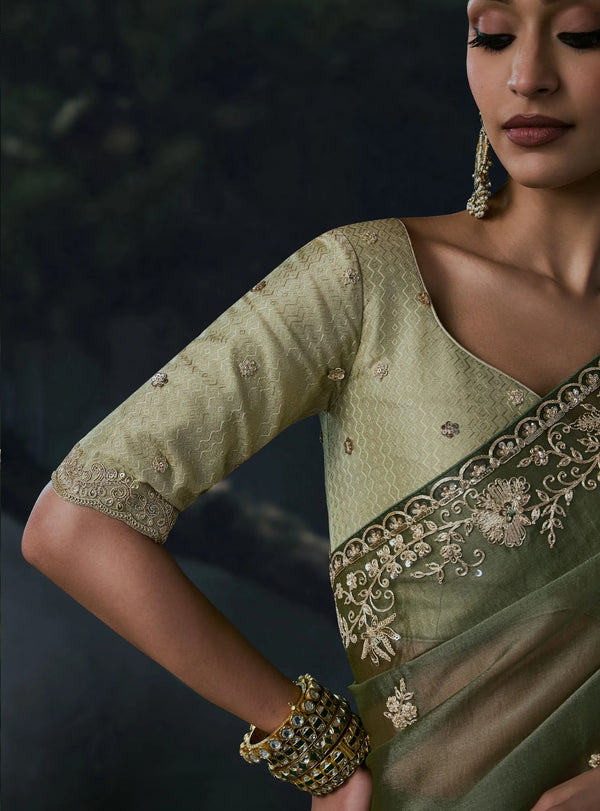 Mehendi Green Tissue Silk Organza Designer Saree highlighting exquisite sleeve embroidery for luxury brides | BharatPlaza