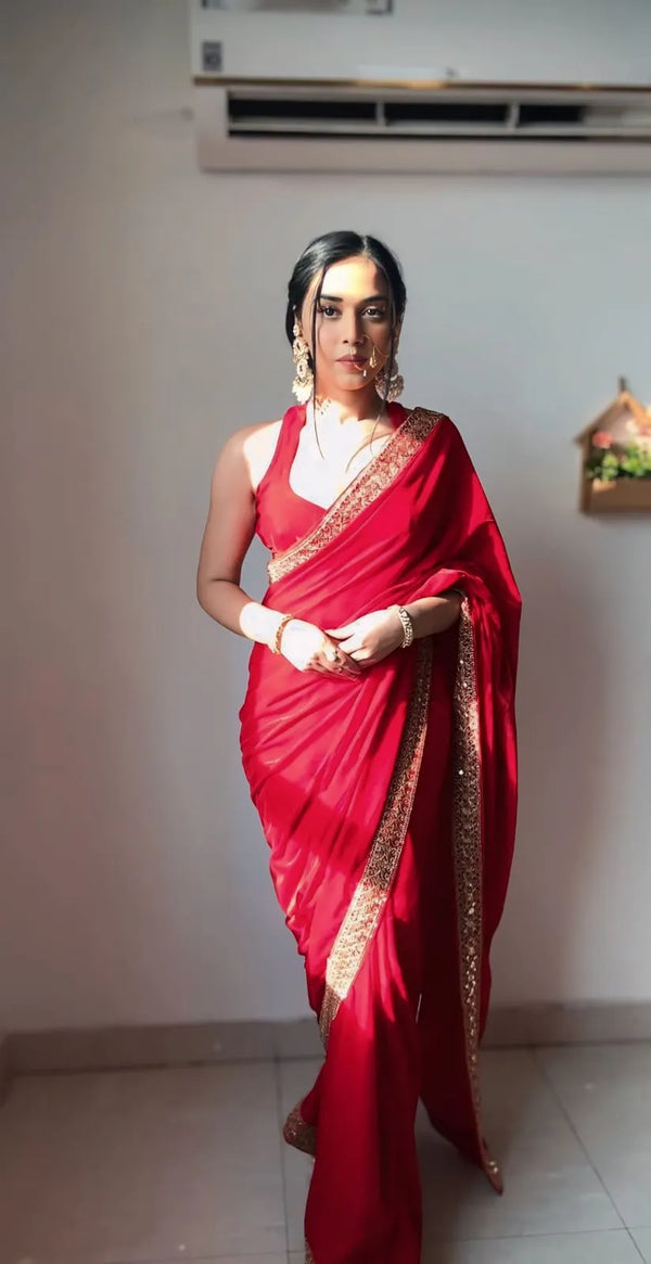 Elegant red designer saree with gold border lightweight wedding saree look | BharatPlaza