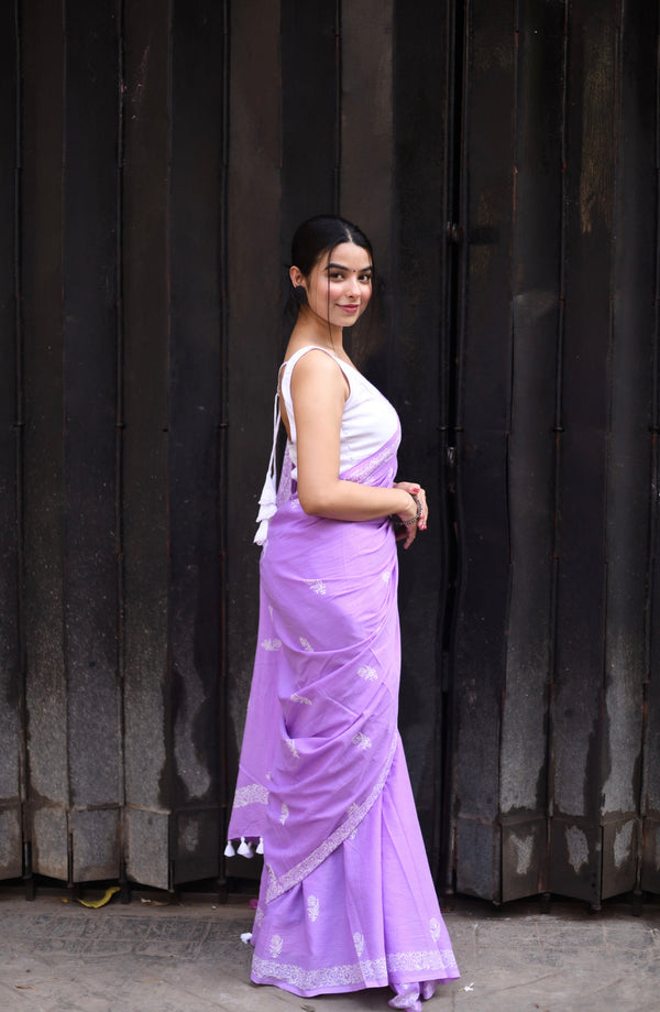 Lavender stitched saree with hidden pocket comfortable ethnic wear for office and casual use BharatPlaza 