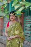 Olive Green Mulmul Cotton Ready Saree with Printed Wear