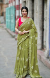 Olive Green Mulmul Cotton Ready Saree with Printed Wear
