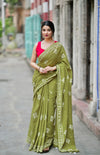 Olive Green Mulmul Cotton Ready Saree with Printed Wear