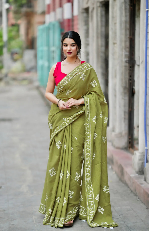 Olive Green Mulmul Cotton Ready Saree with Printed Wear